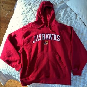 KI Jayhawks red sweatshirt with hood, size L